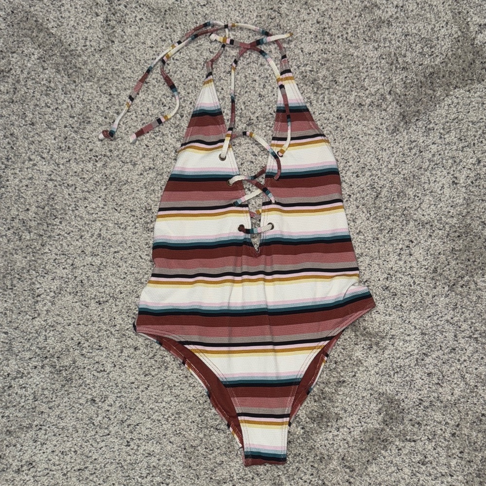Billabong Striped Halter One-Piece Swimsuit - Rust, White, Teal, Mustard